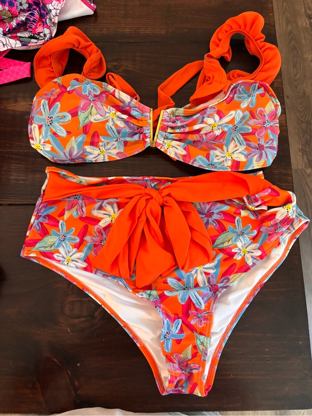 Girls' Orange Floral One-Piece Swimsuit with Bow Accent